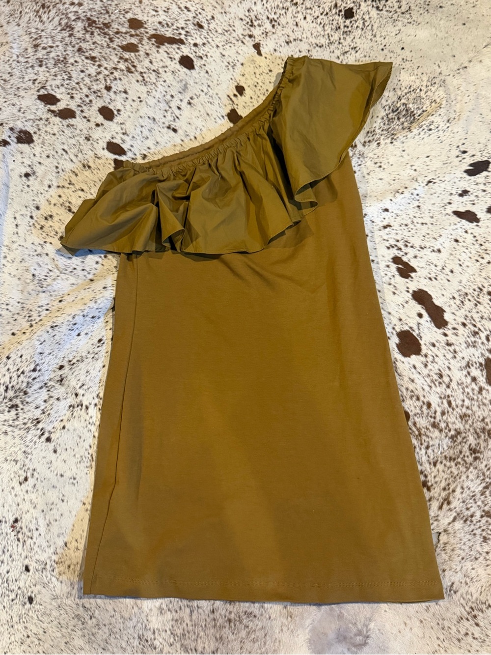 Ruffle one-shoulder mini dress mustard brown- perfect for fall parties!